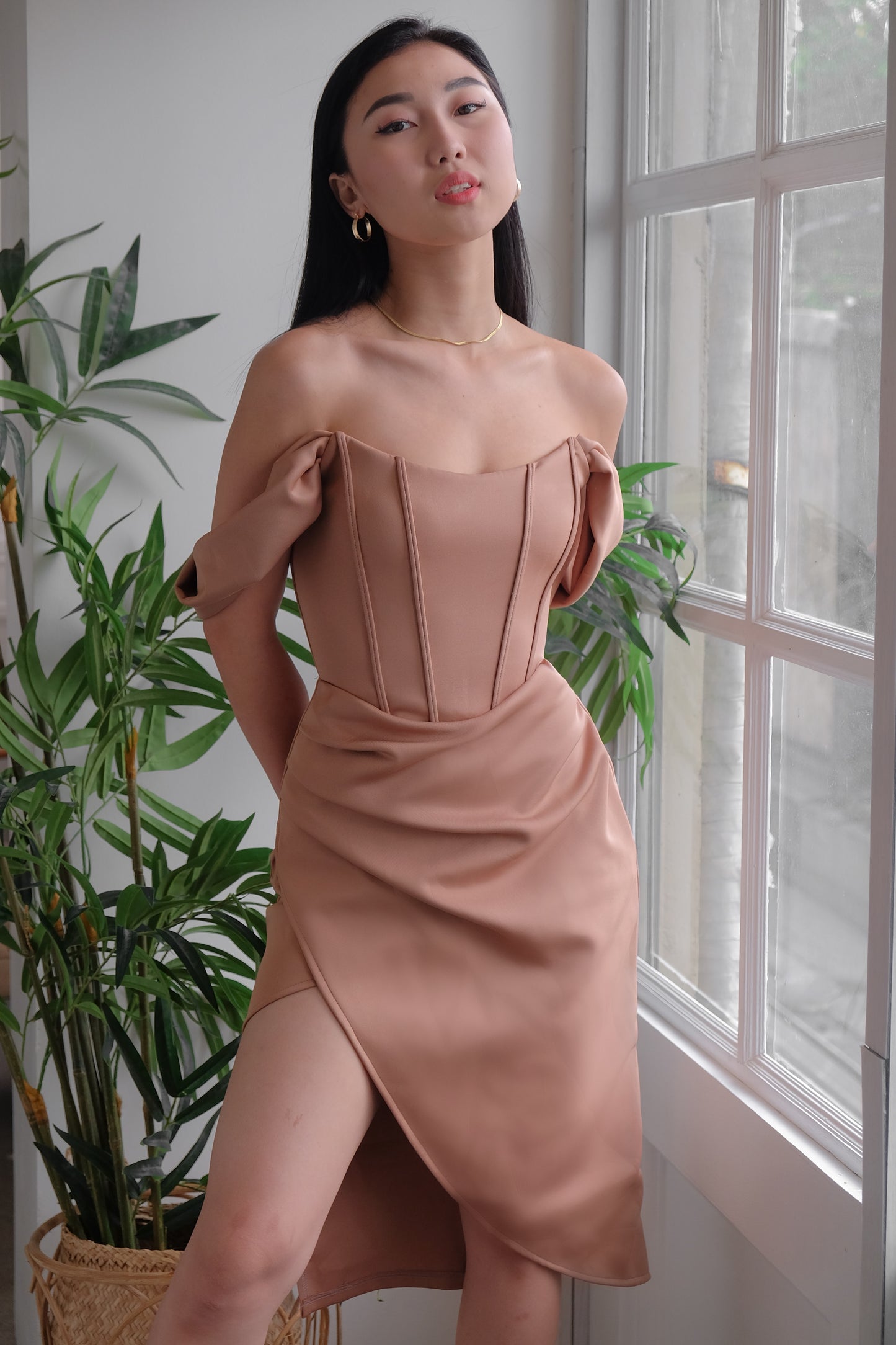 Heather Clothing Off-The-Shoulder Corset Midi Dress in Mocha