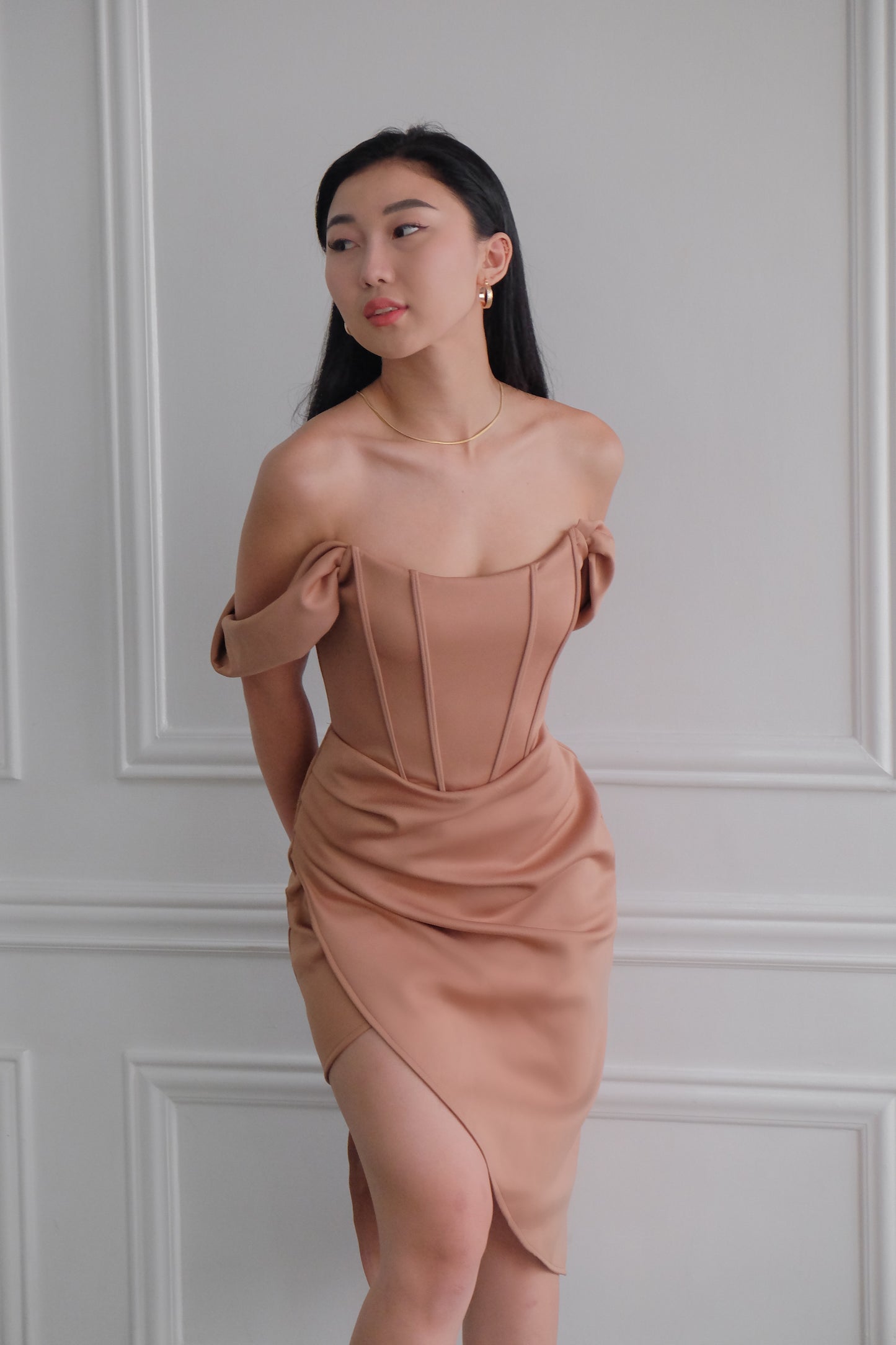 Heather Clothing Off-The-Shoulder Corset Midi Dress in Mocha