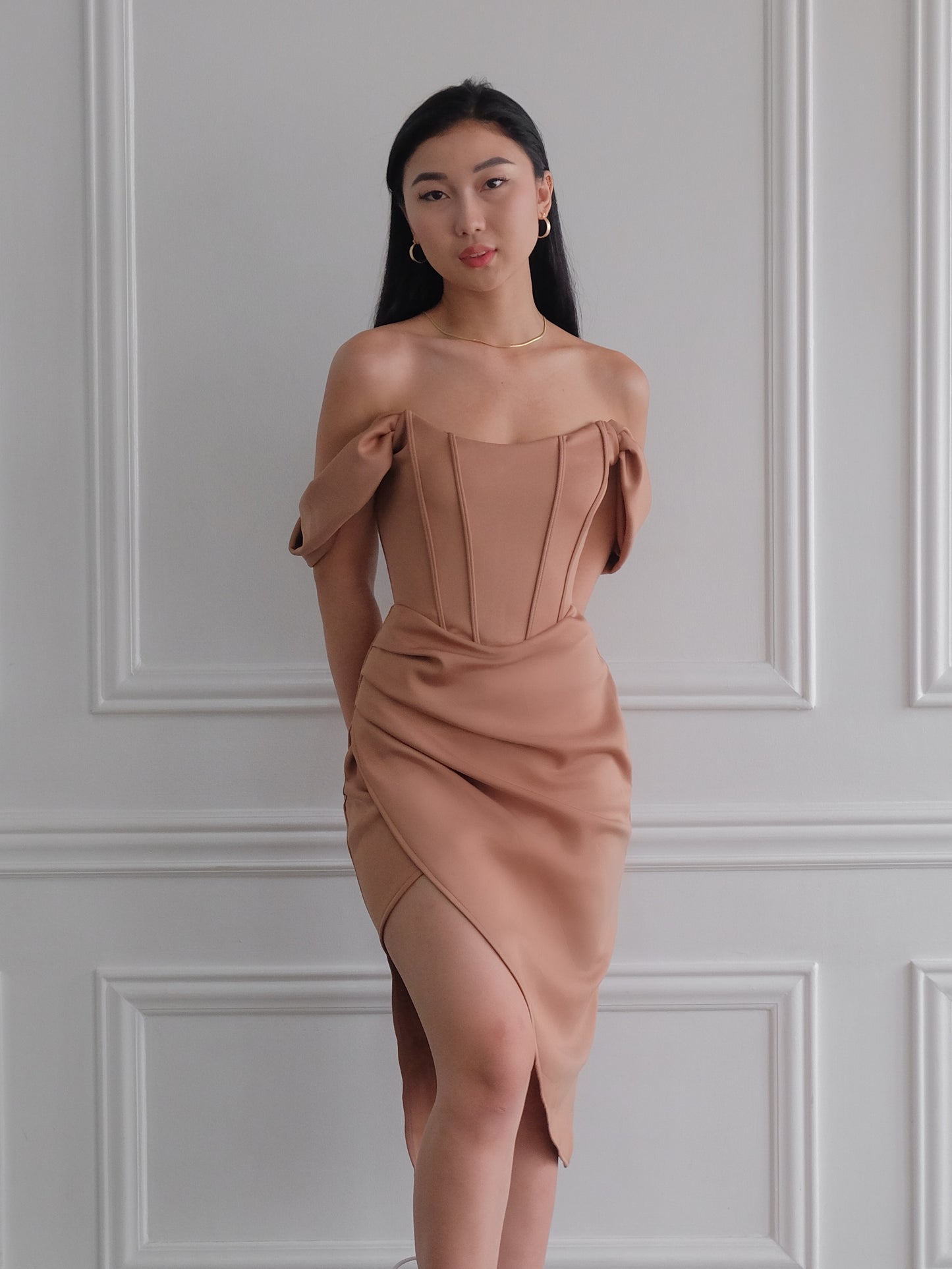Heather Clothing Off-The-Shoulder Corset Midi Dress in Mocha