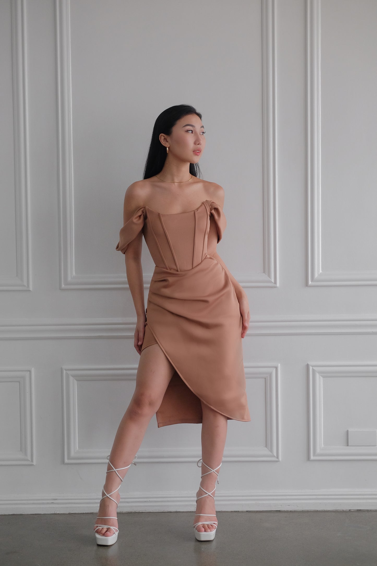 Heather Clothing Off-The-Shoulder Corset Midi Dress in Mocha