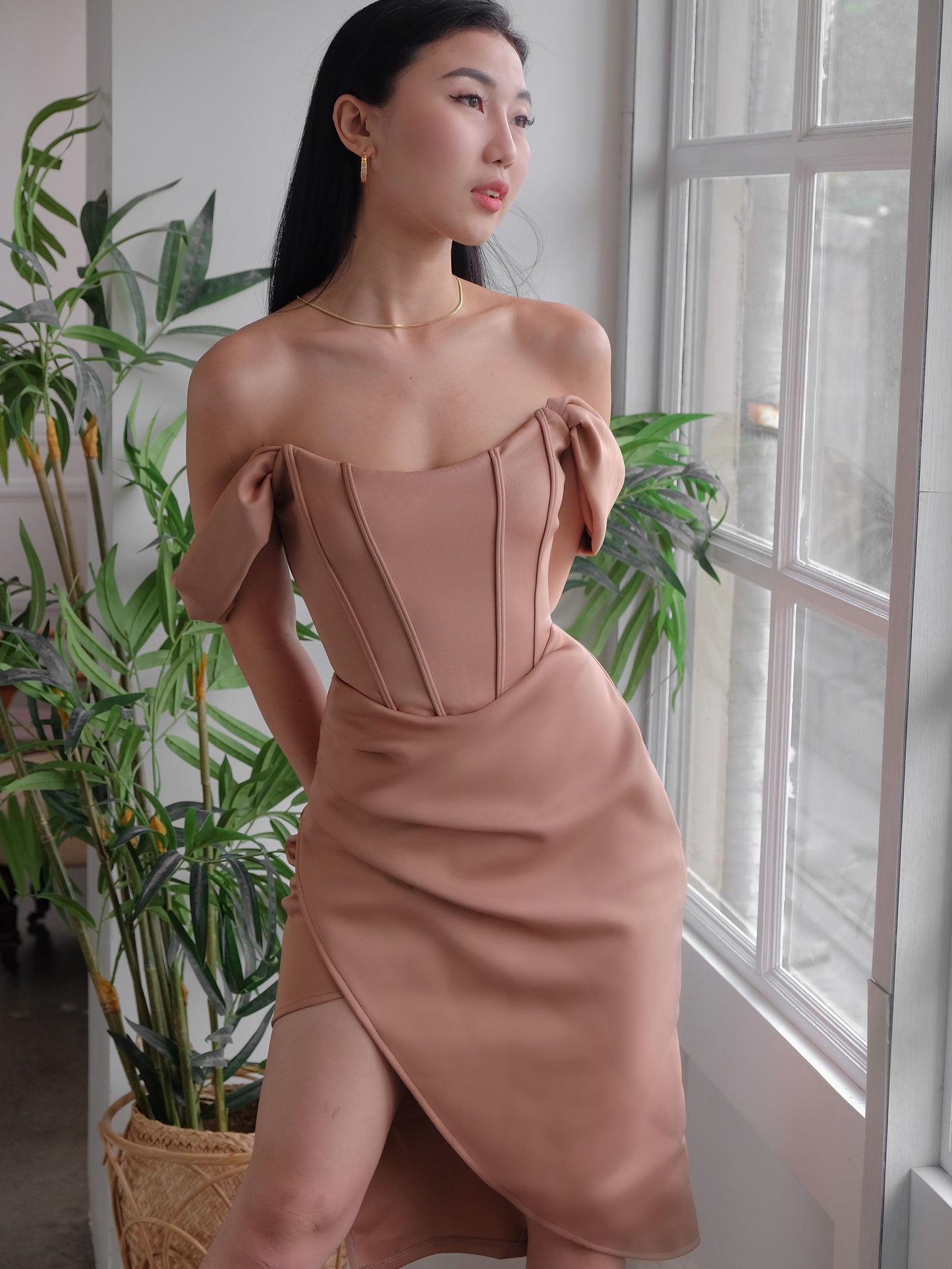 Heather Clothing Off-The-Shoulder Corset Midi Dress in Mocha