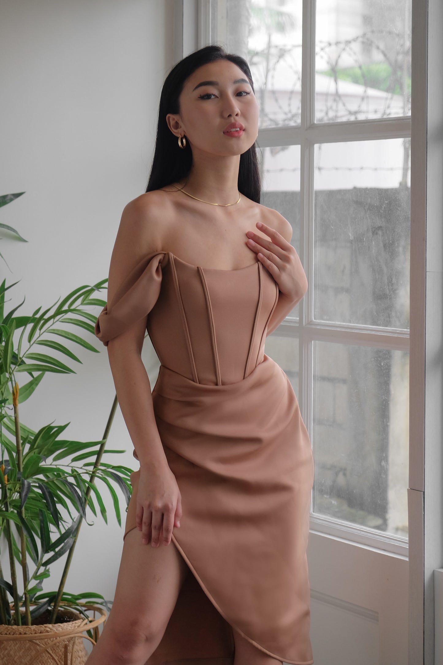 Heather Clothing Off-The-Shoulder Corset Midi Dress in Mocha