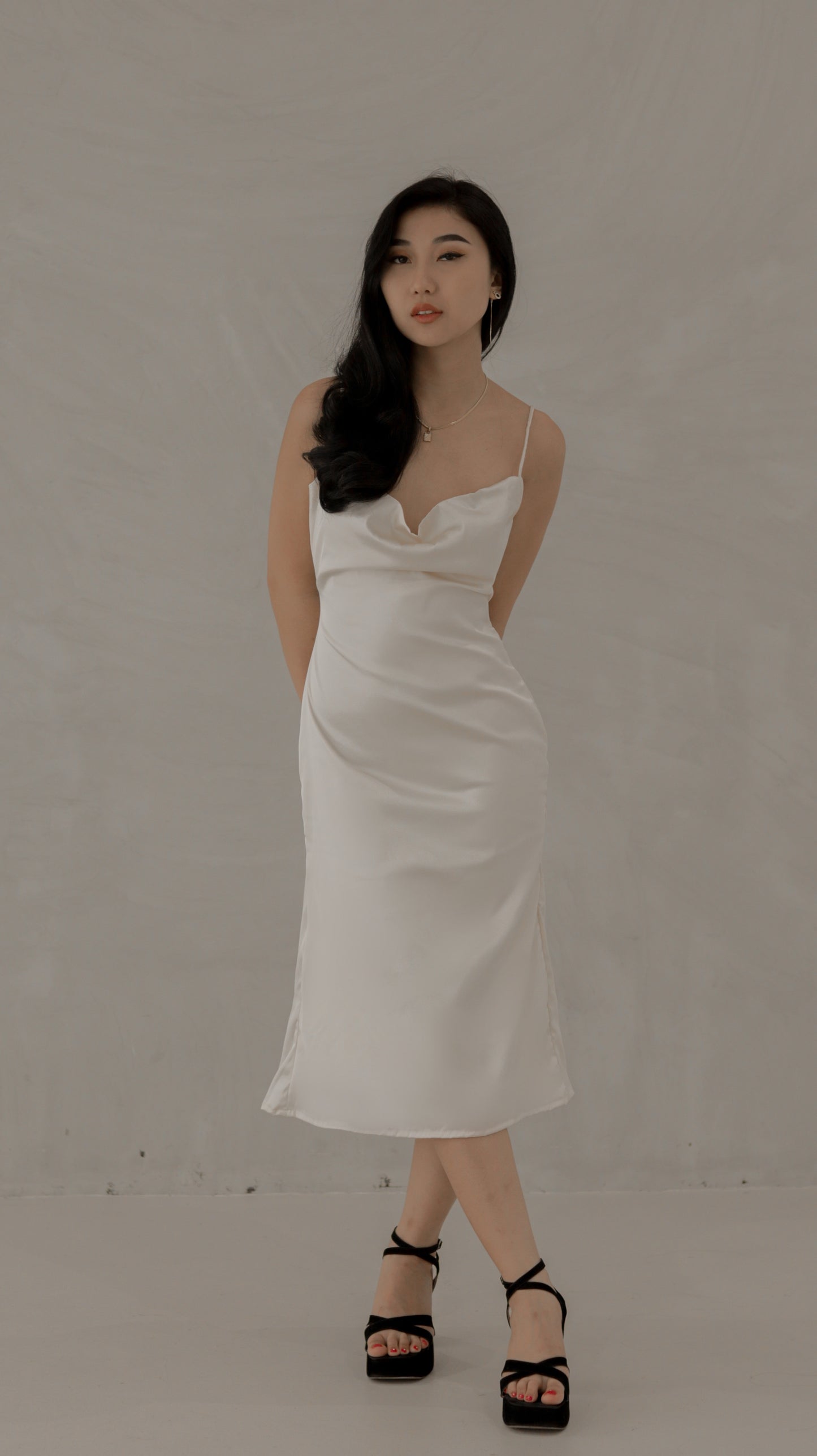 Odessa Cowl Neck Satin Midi Dress in Pearl