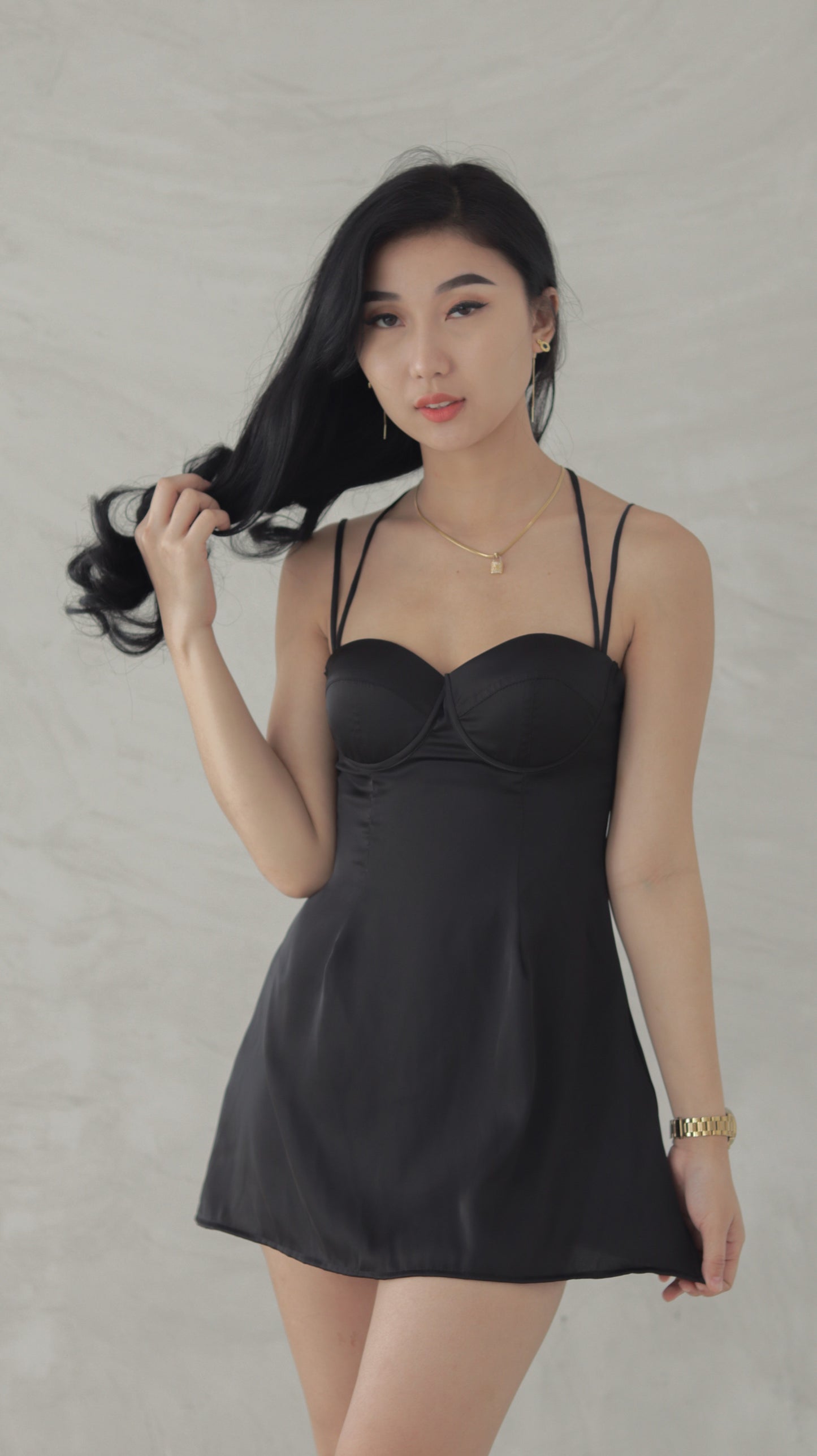 Bustier Satin Mini Dress in Black