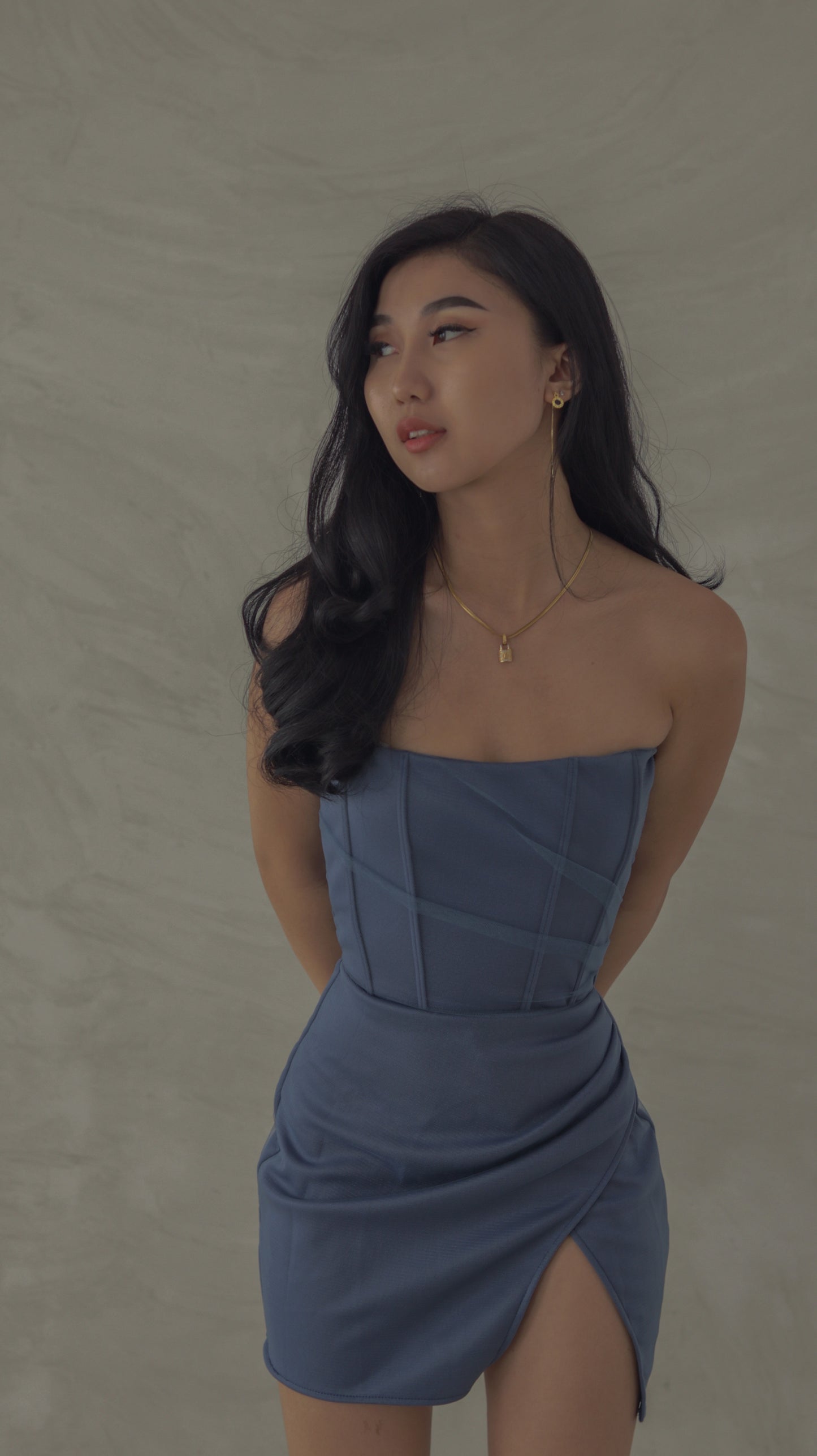 Charmer Corset Wrap Mini Dress in Dusty Blue