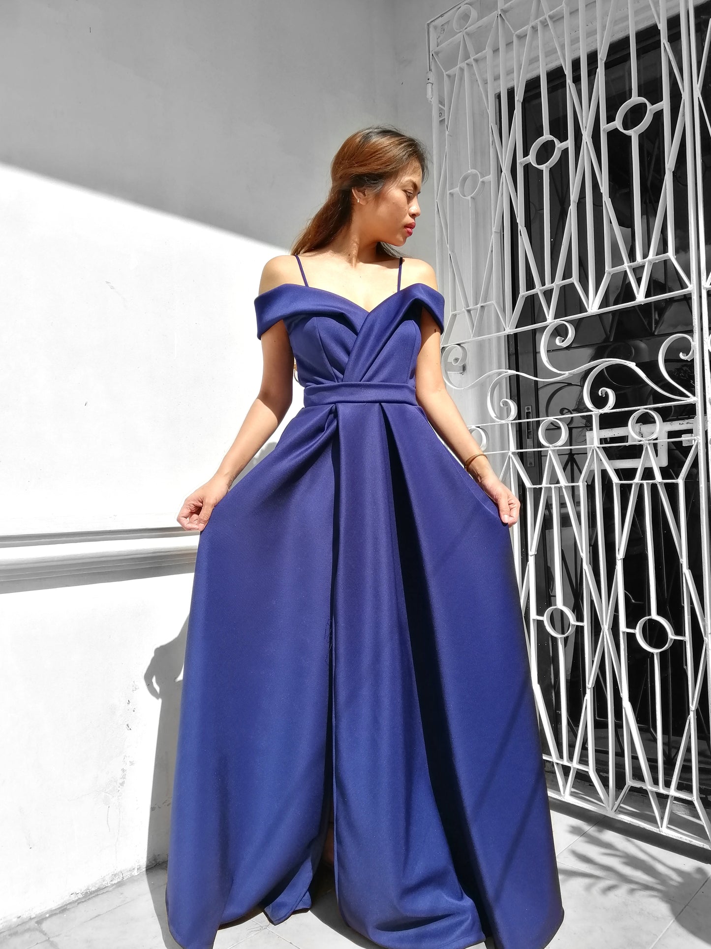 Off-the-Shoulder High-Slit Gown in Navy Blue