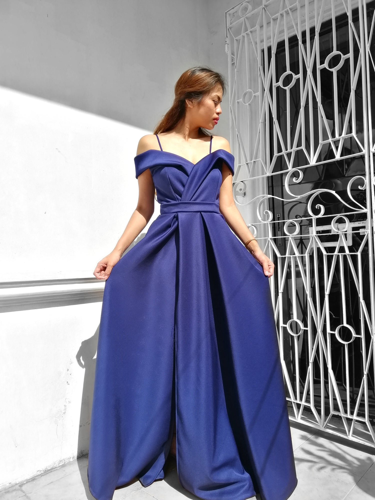 Off-the-Shoulder High-Slit Gown in Navy Blue