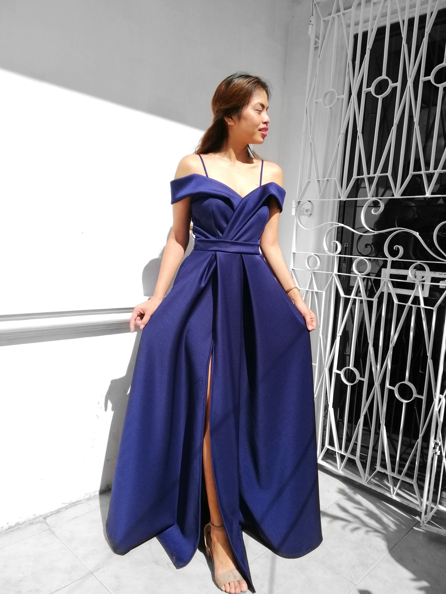 Off-the-Shoulder High-Slit Gown in Navy Blue