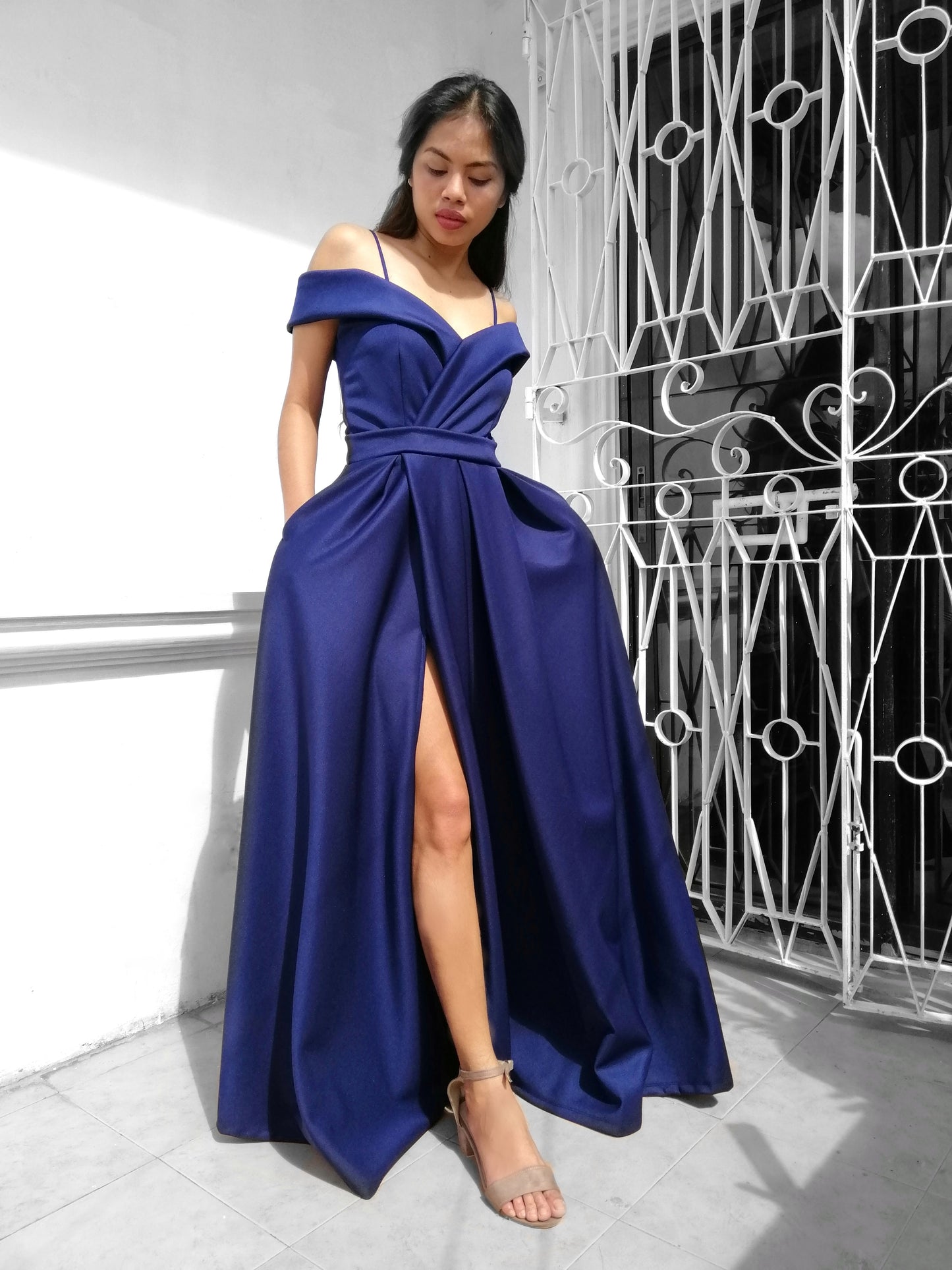 Off-the-Shoulder High-Slit Gown in Navy Blue