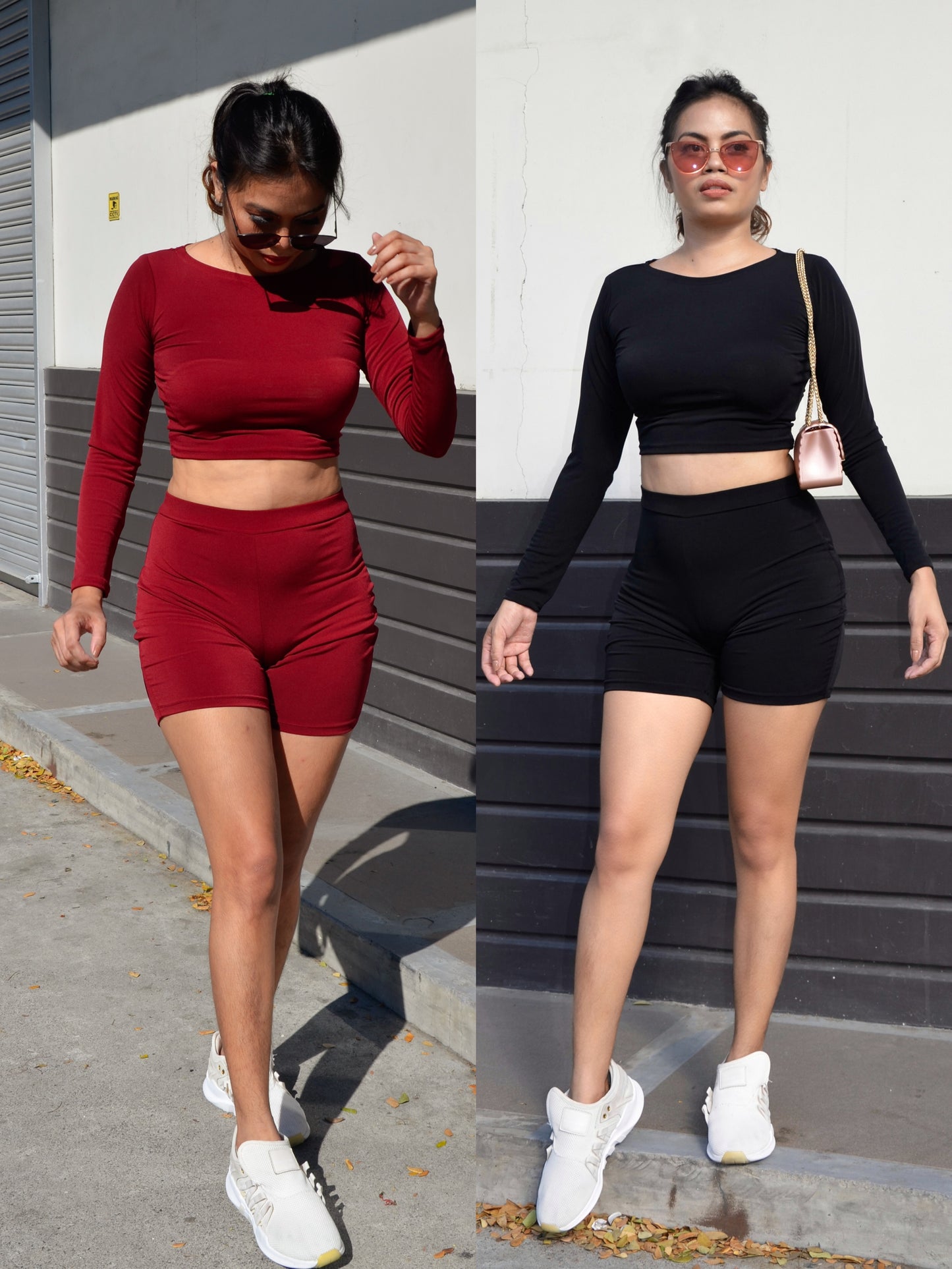 Longsleeve Croptop with Biker Shortsin Maroon