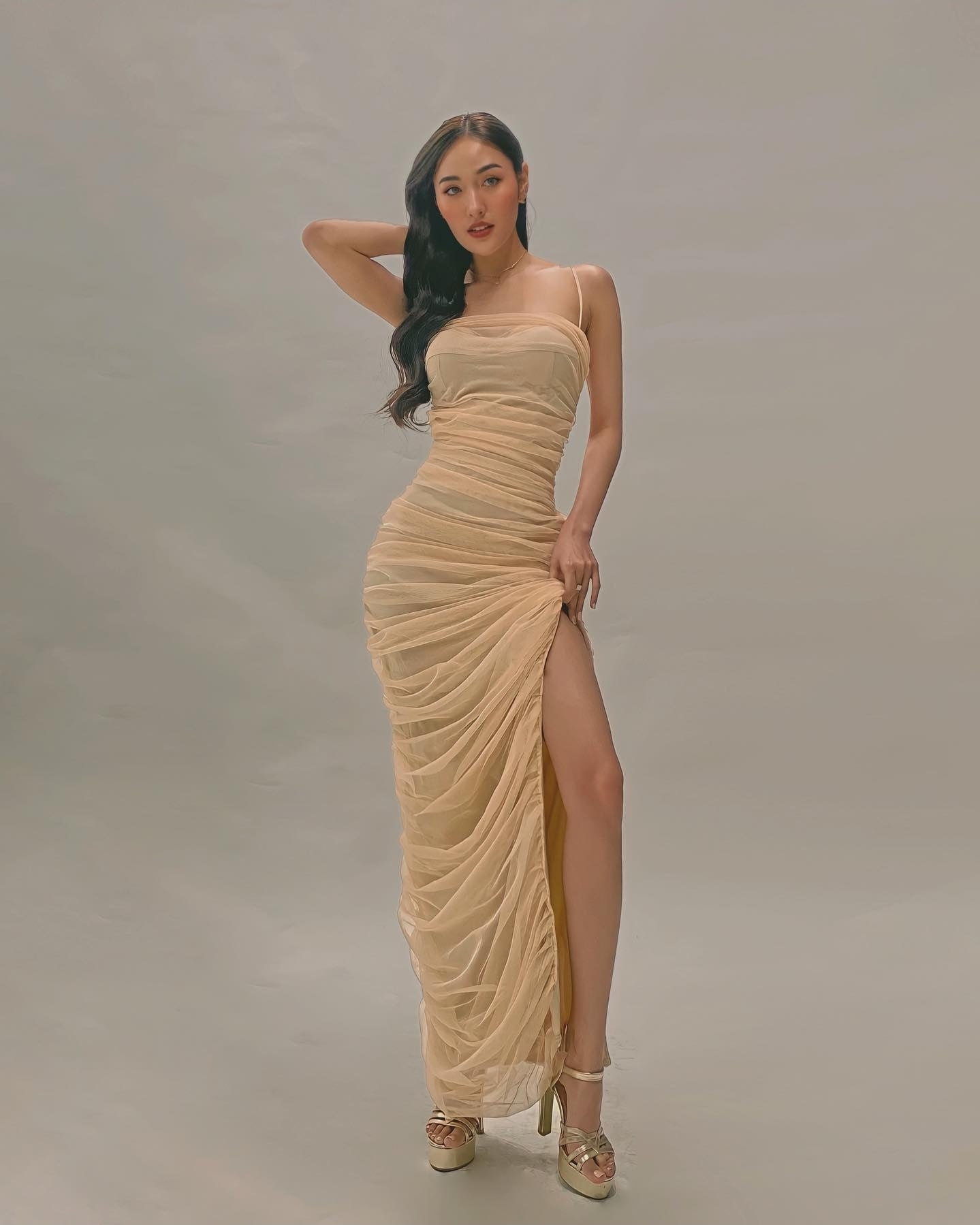 Bustier Ruched Maxi Dress in Nude