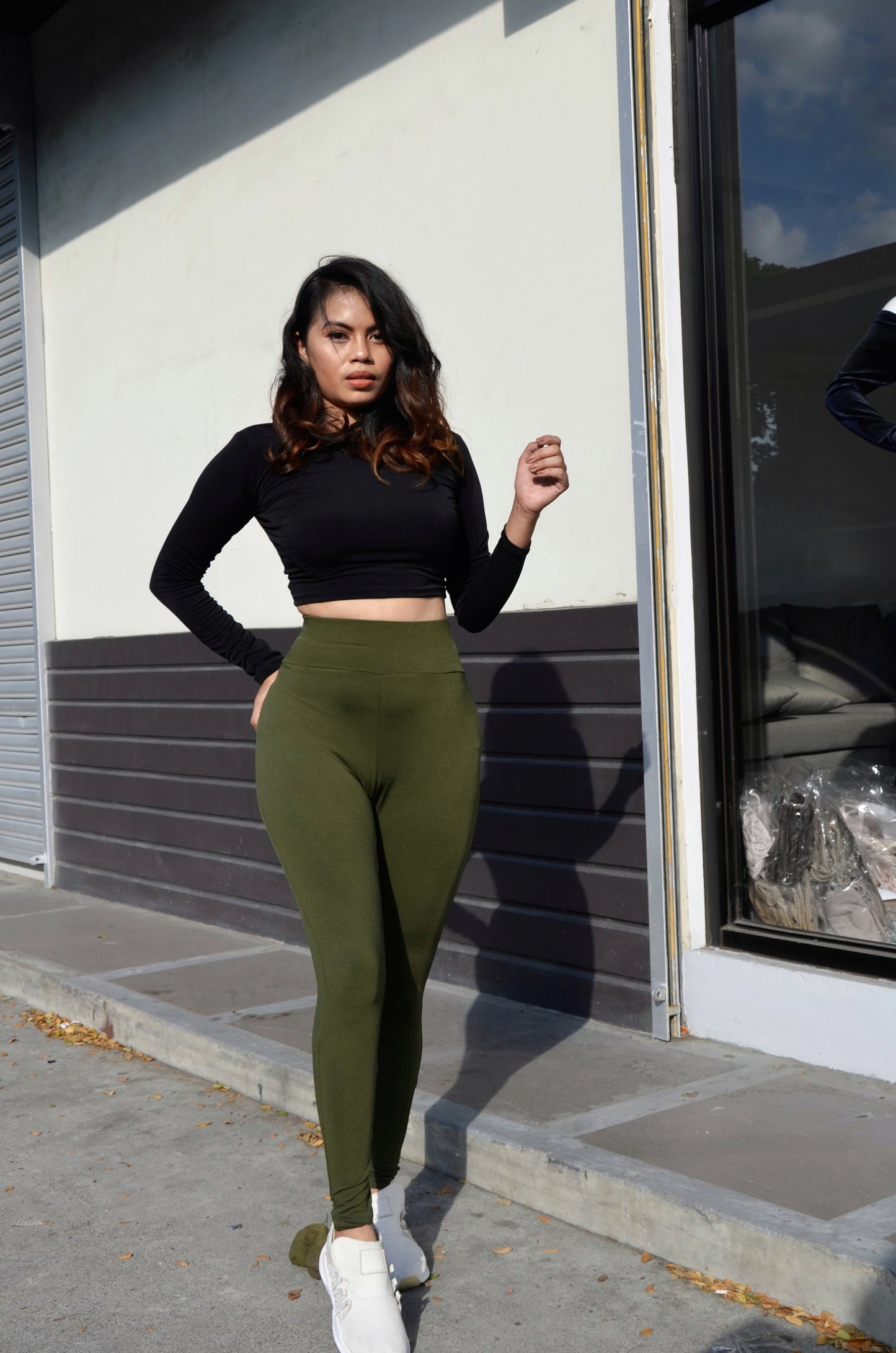 Basic Full Length Stretch Leggings in Army Green