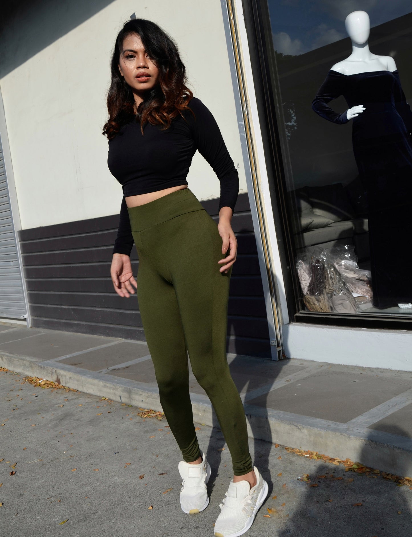 Basic Full Length Stretch Leggings in Army Green