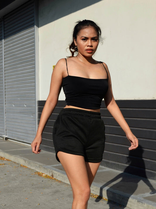 Basic Strappy Cami Crop Top in Black
