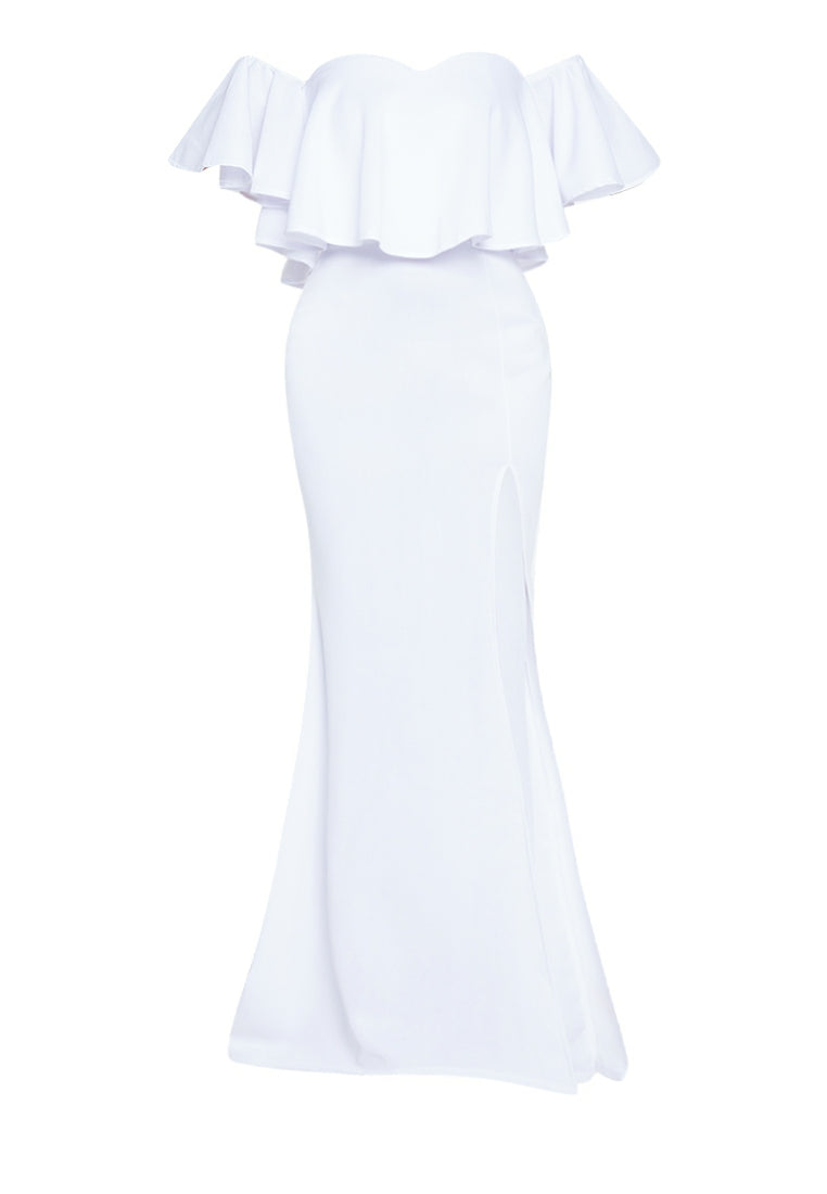 Off-the-Shoulder Frill Maxi Dress in White