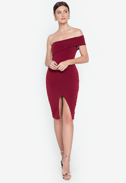 Half Shoulder Wrap Dress in Maroon