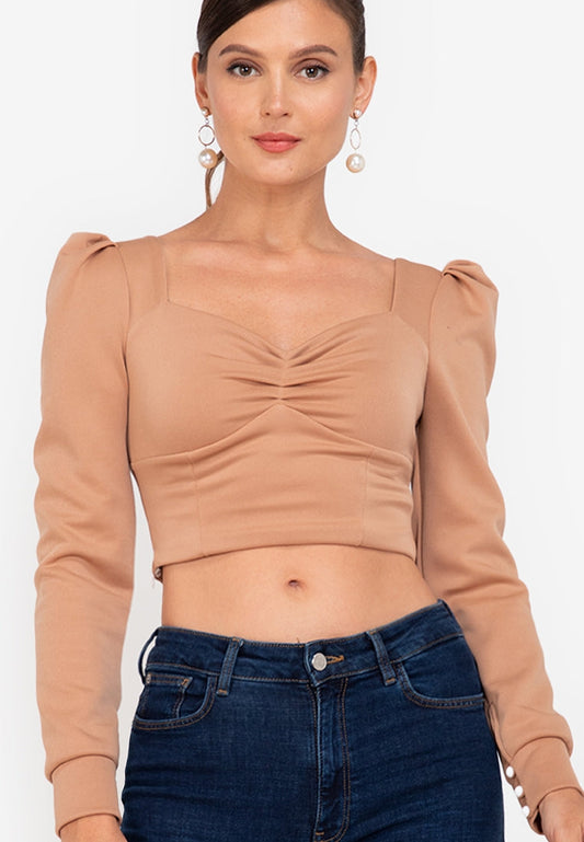 Square-Neck Puff-Sleeved Crop Top in Mocha