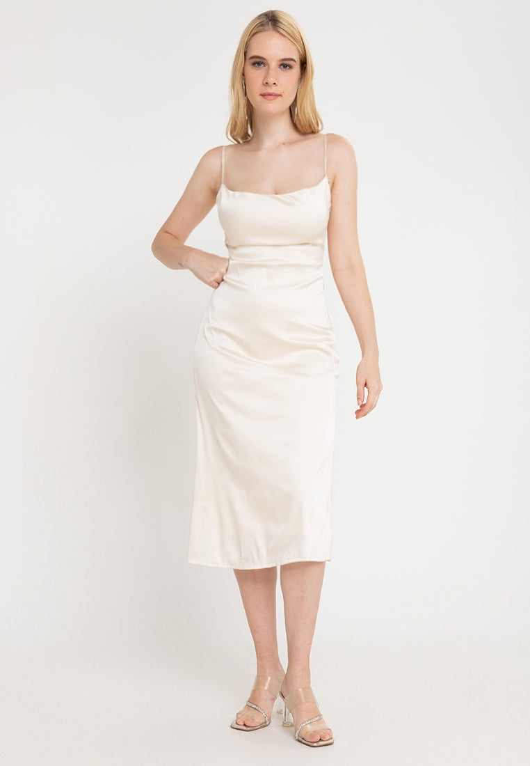 Odessa Cowl Neck Satin Midi Dress in Pearl – Heather Clothing