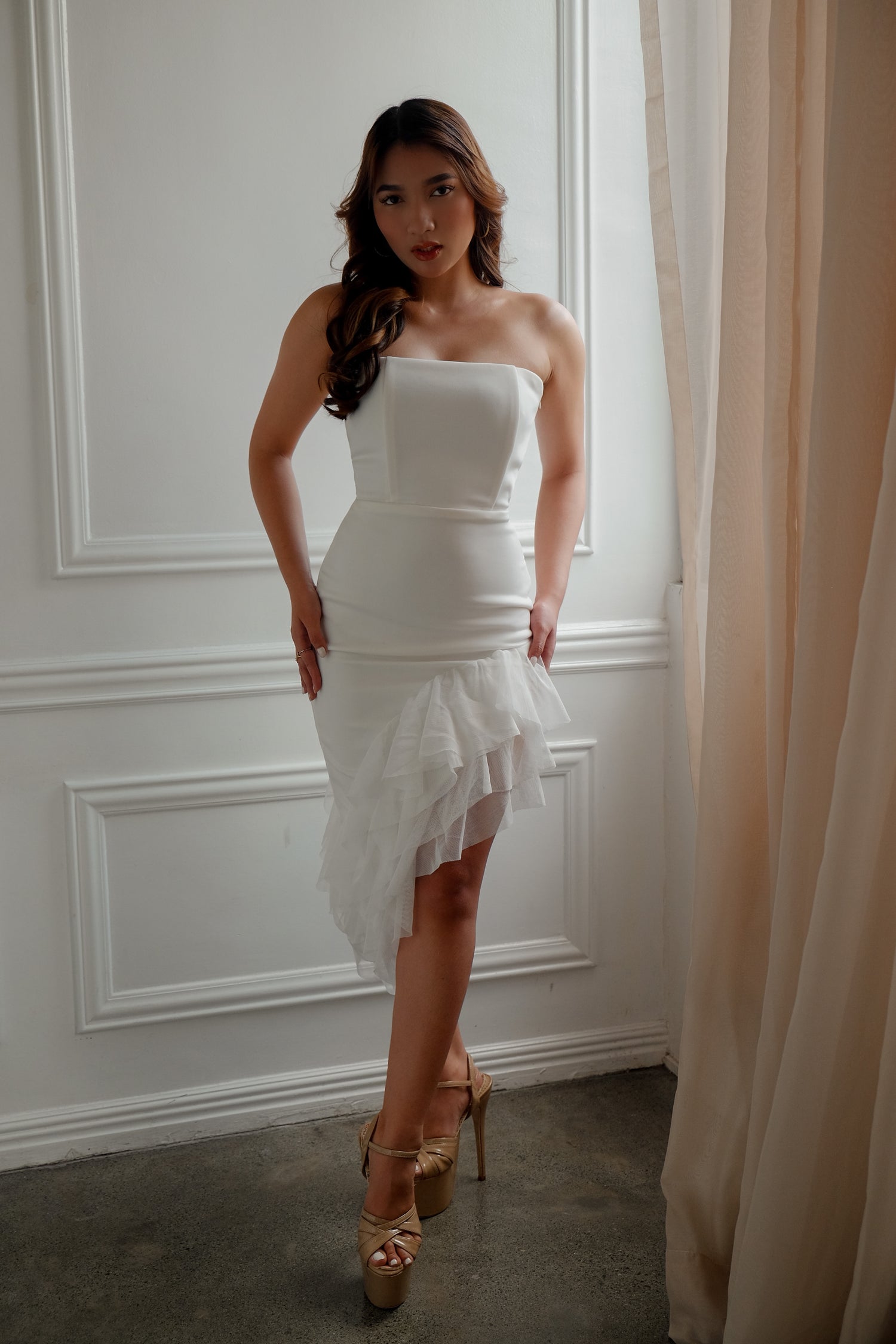 bandeau ruffle asymmetric hem midi dress Lavish Alice Deep Bandeau Asymmetric Hem Midi Dress Eva's Shop