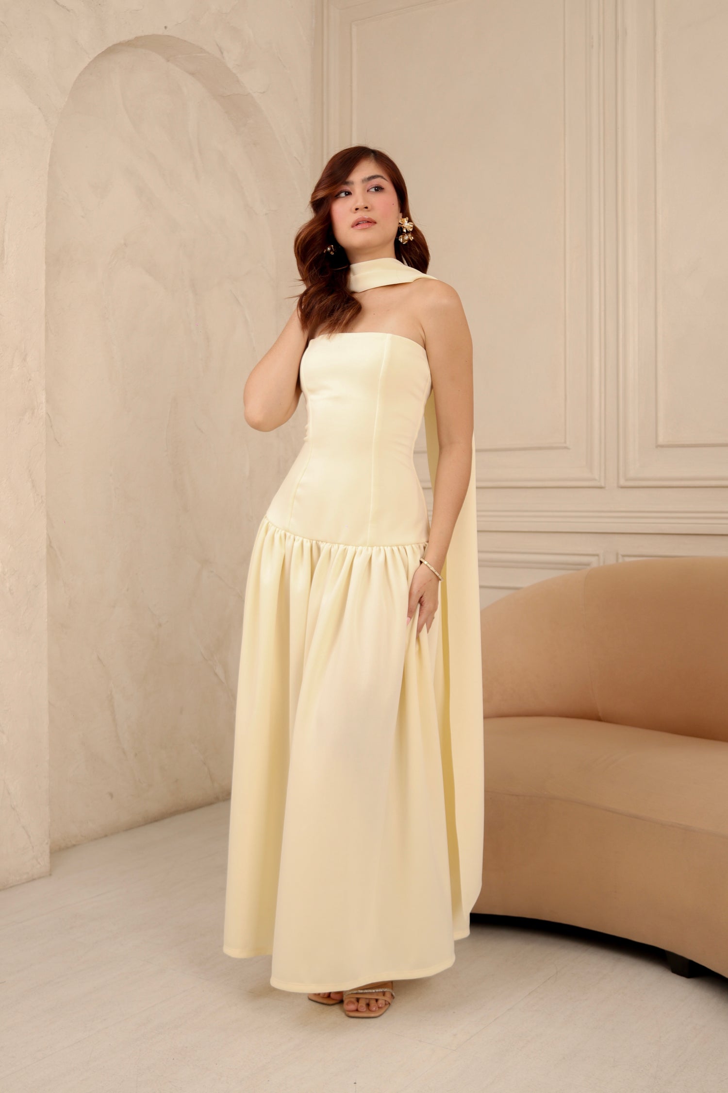 Amaya Bandeau Drop Waist Maxi Dress in Butter Yellow Heather Clothing Amaya Bandeau Drop Waist Maxi Dress in Butter Yellow Heather Clothing