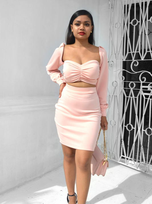 Bustier Ruched Longsleeved Crop Top and Mini Skirt Set