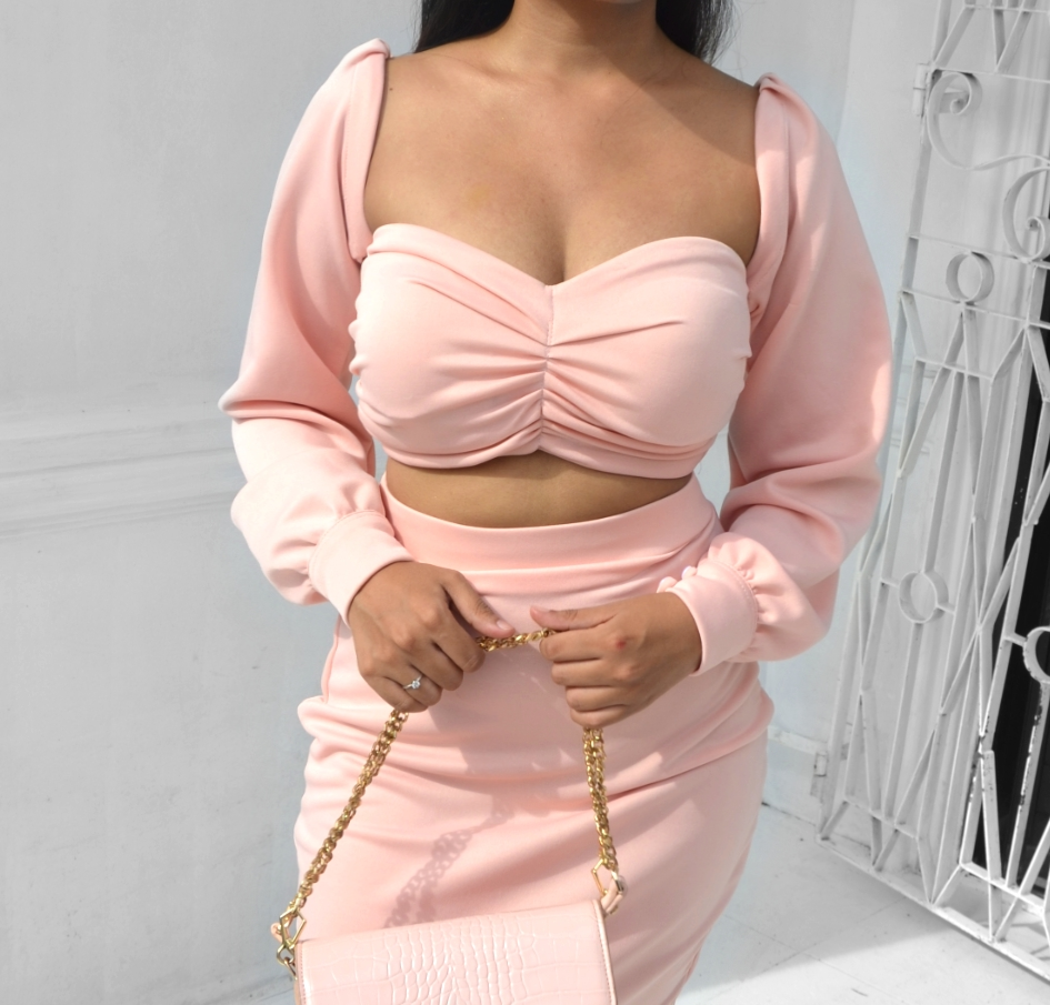 Bustier Ruched Longsleeved Crop Top and Mini Skirt Set