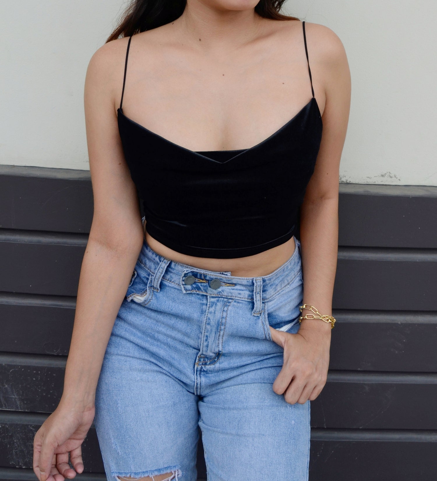 Basic Velvet Cowl Neck Crop Top in Black