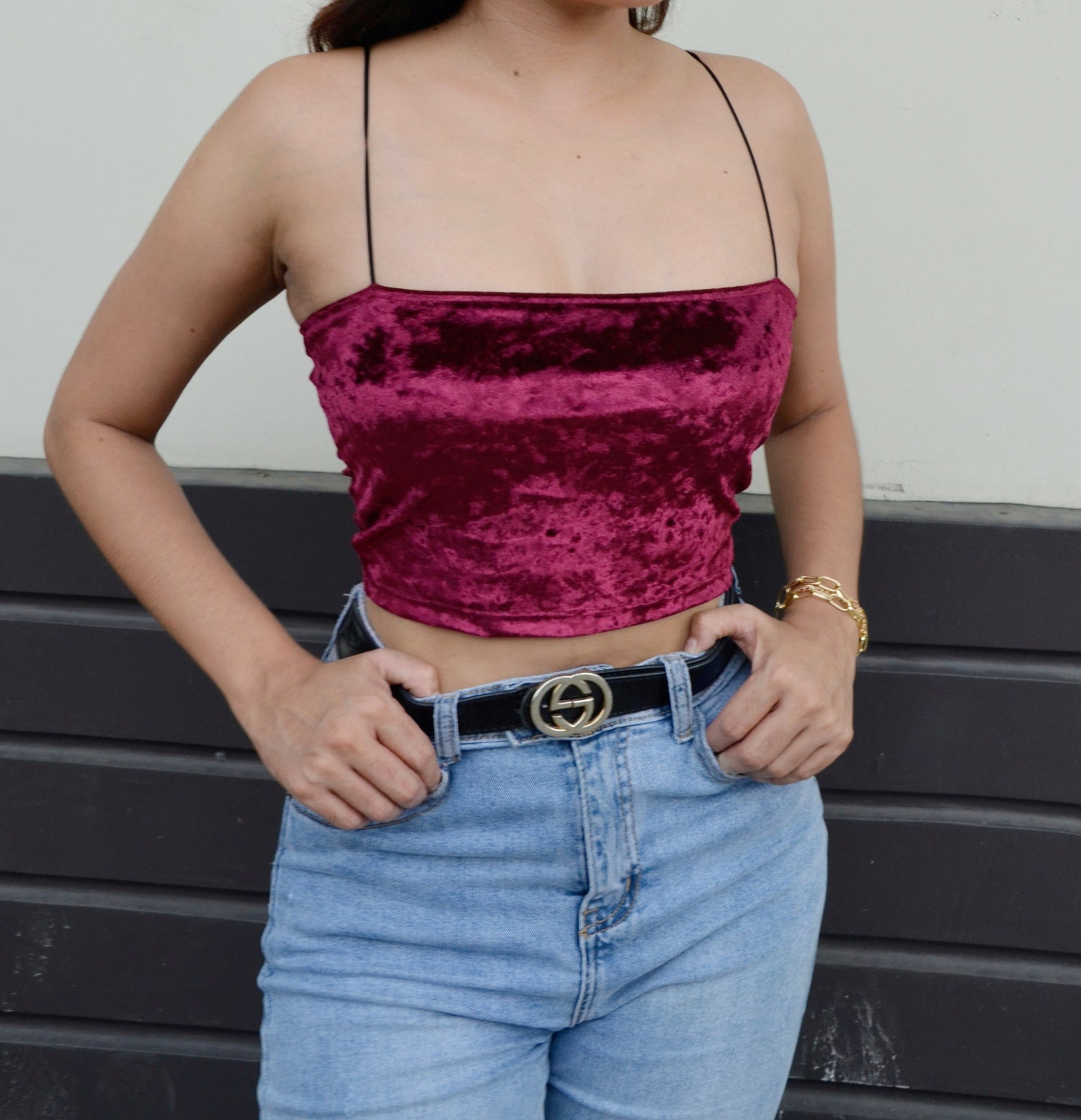 Basic Velvet Thin Strap Crop Top in Maroon