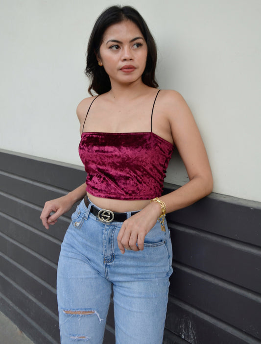 Basic Velvet Thin Strap Crop Top in Maroon