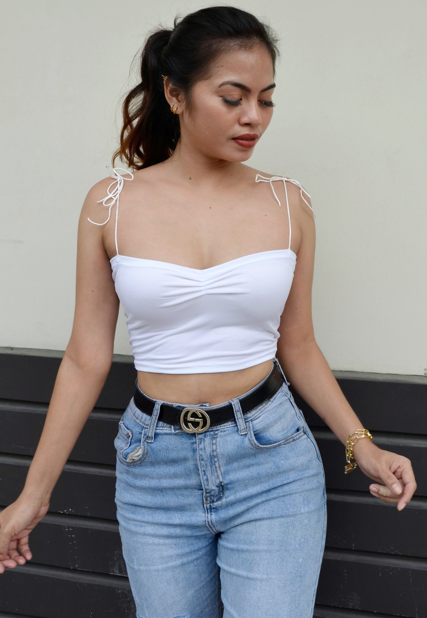 Basic Self-Tie Cami Crop Top in White