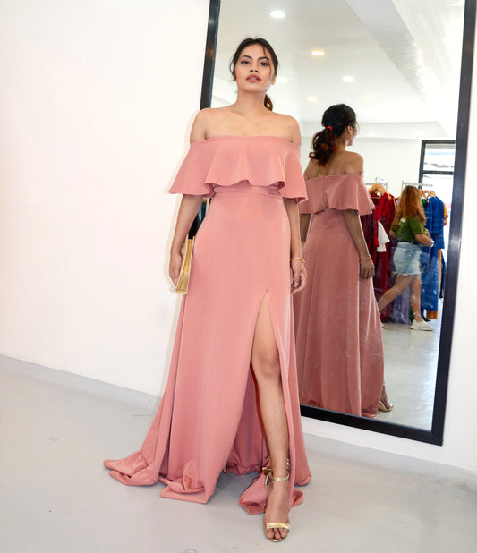 Off-the-Shoulder Ruffled Hem Maxi Dress