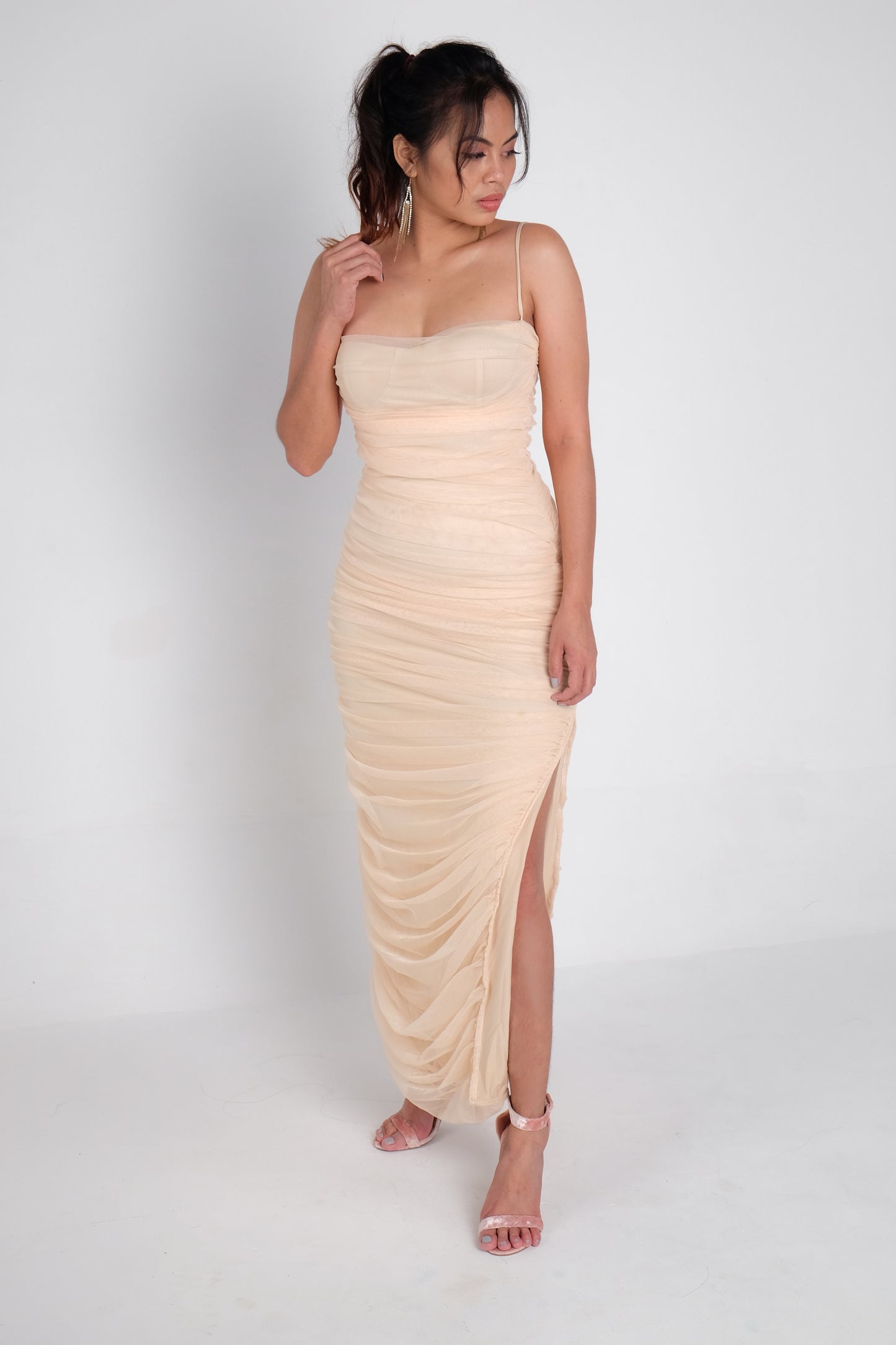 Bustier Ruched Maxi Dress in Nude