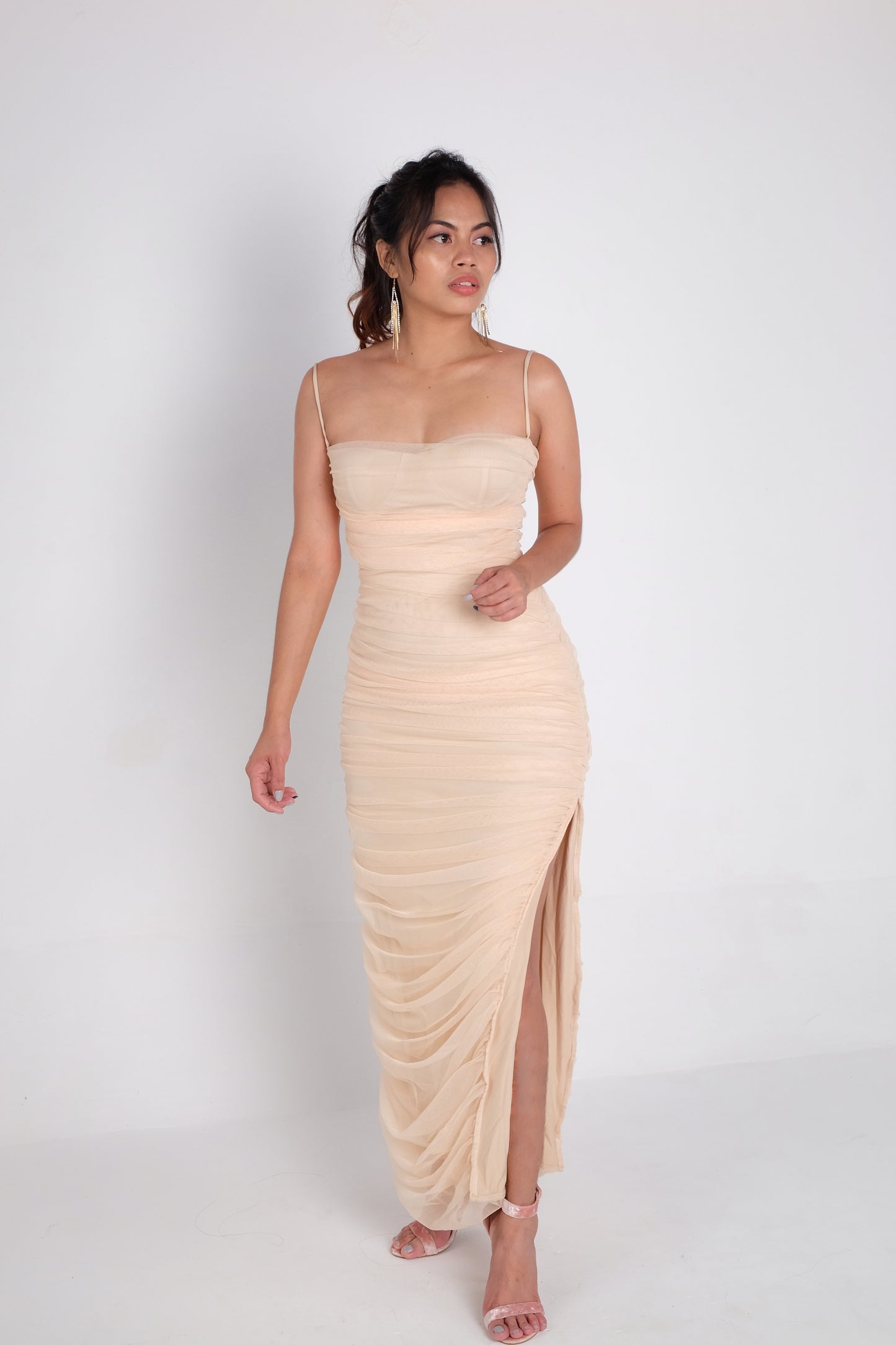 Bustier Ruched Maxi Dress in Nude