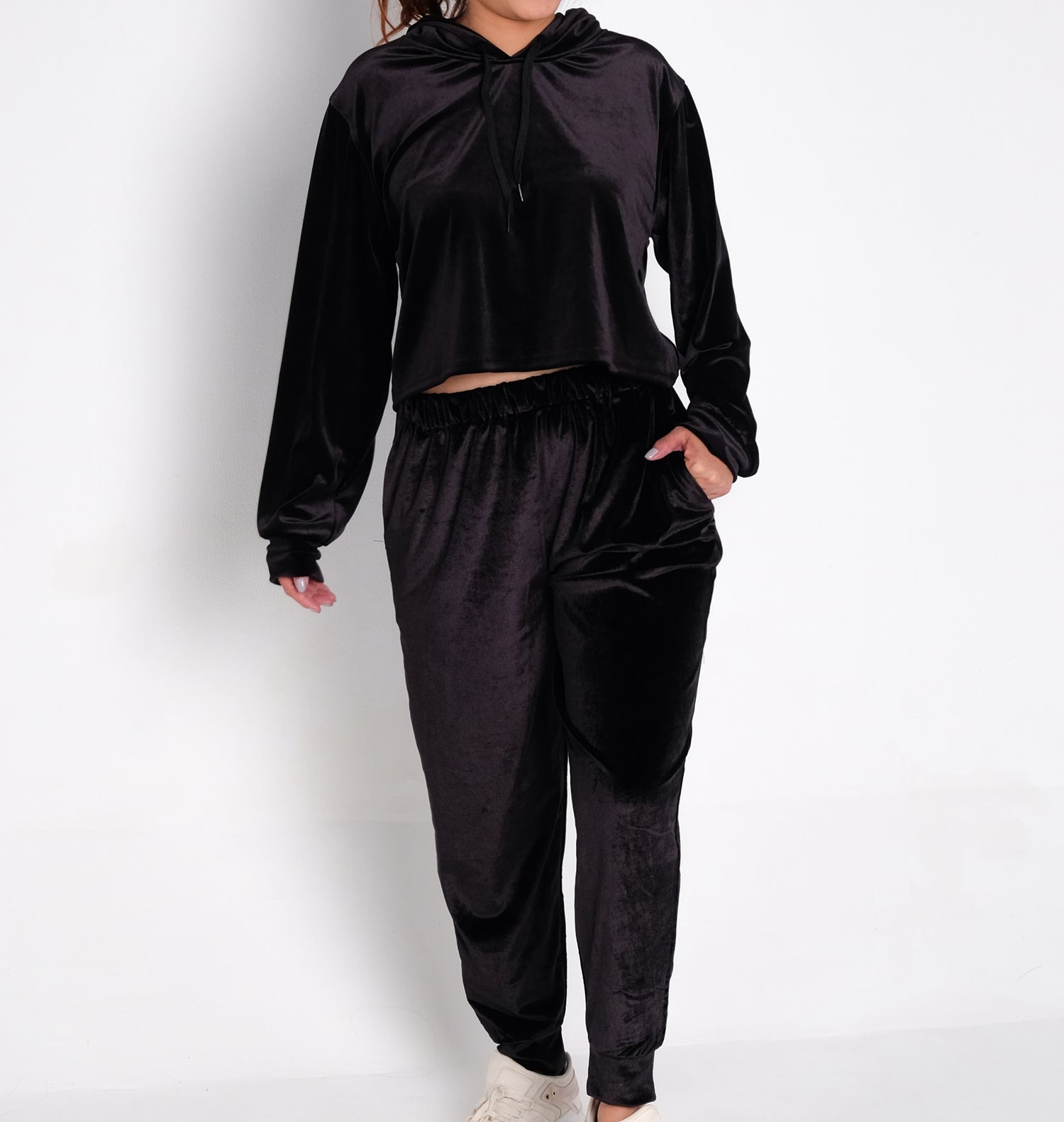 Velvet Croptop Hoodie in Black Velvet