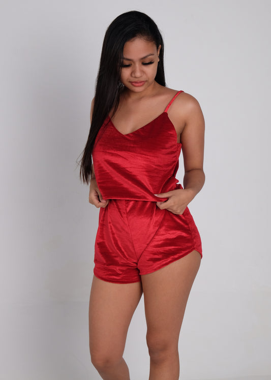 Velvet Curved Hem Shorts in Red Velvet