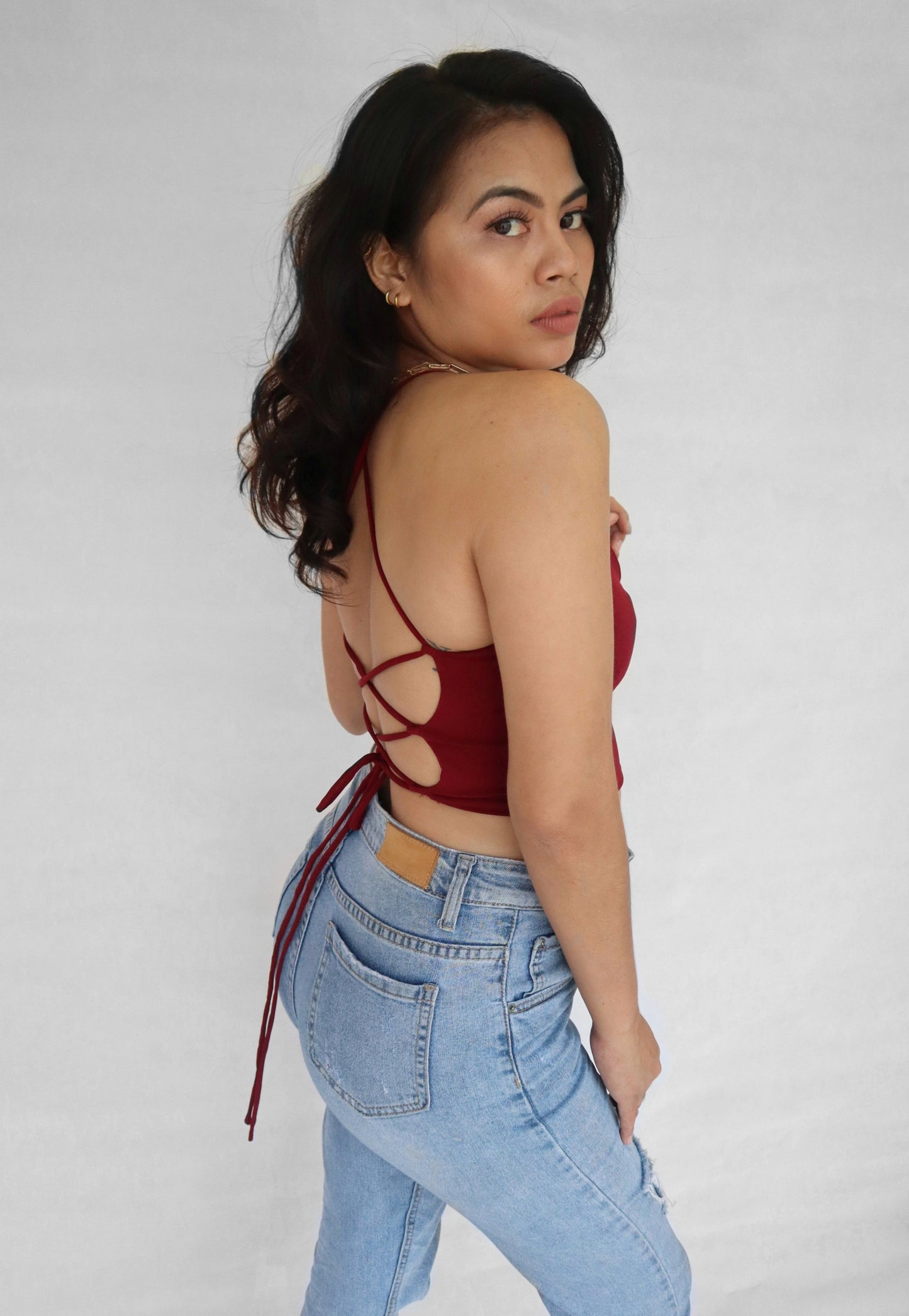 Strappy Backless Croptop in Maroon