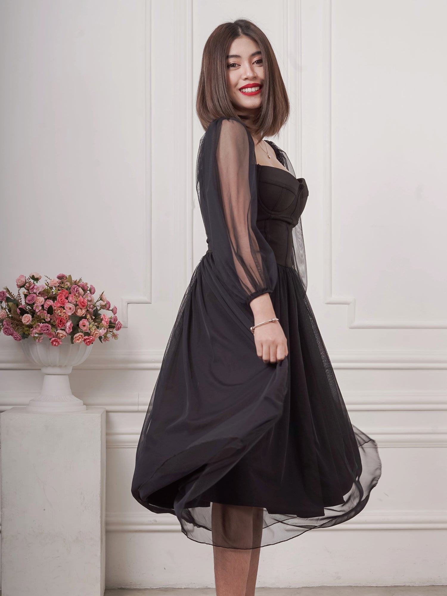 Bustier Tea-Length Dress in Black