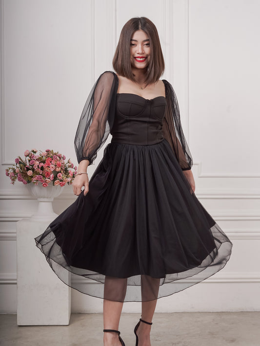 Bustier Tea-Length Dress in Black