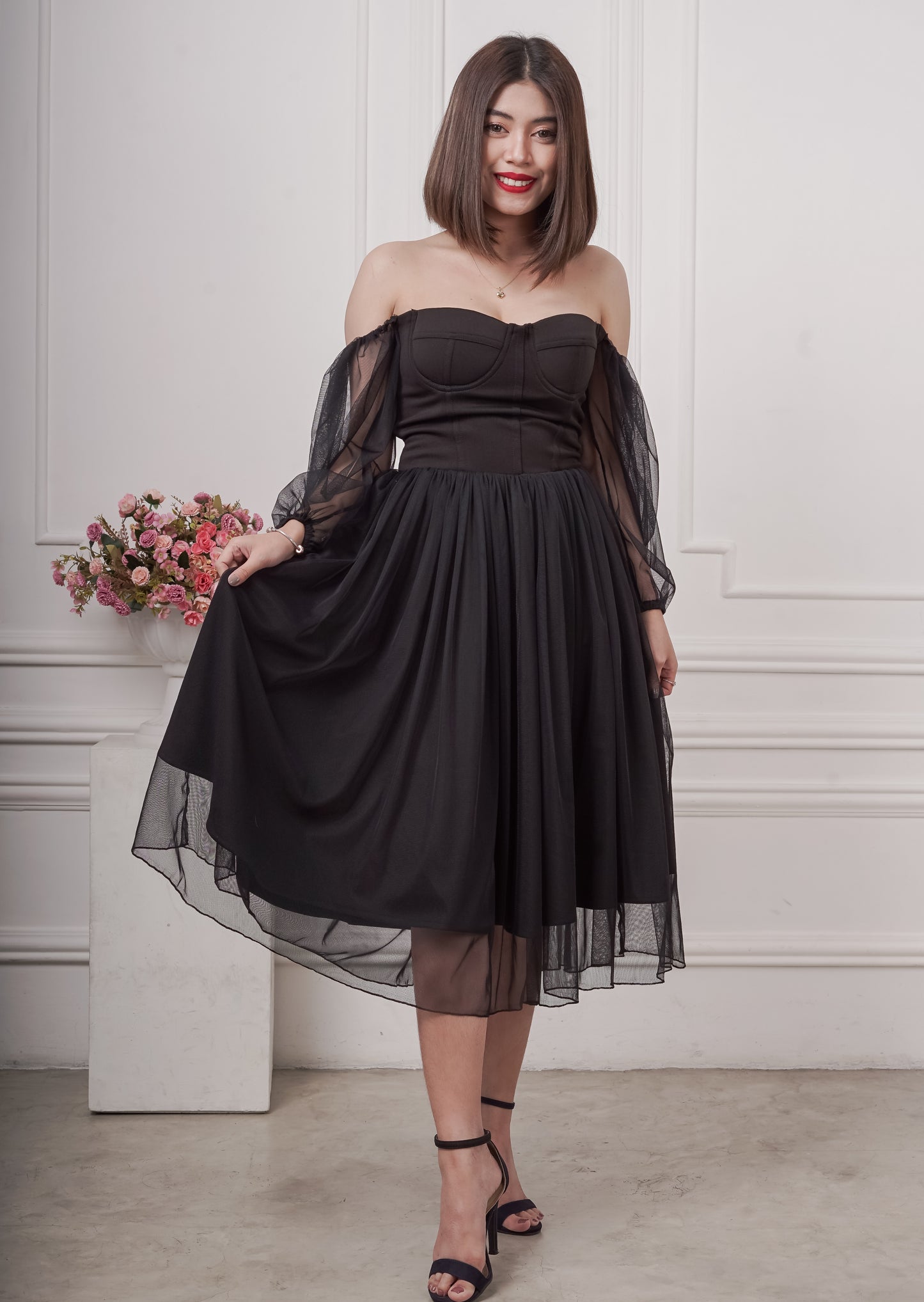 Bustier Tea-Length Dress in Black
