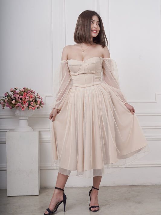 Bustier Tea-Length Dress in Nude
