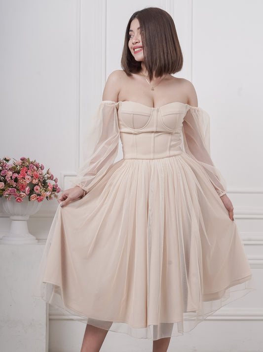 Bustier Tea-Length Dress in Nude