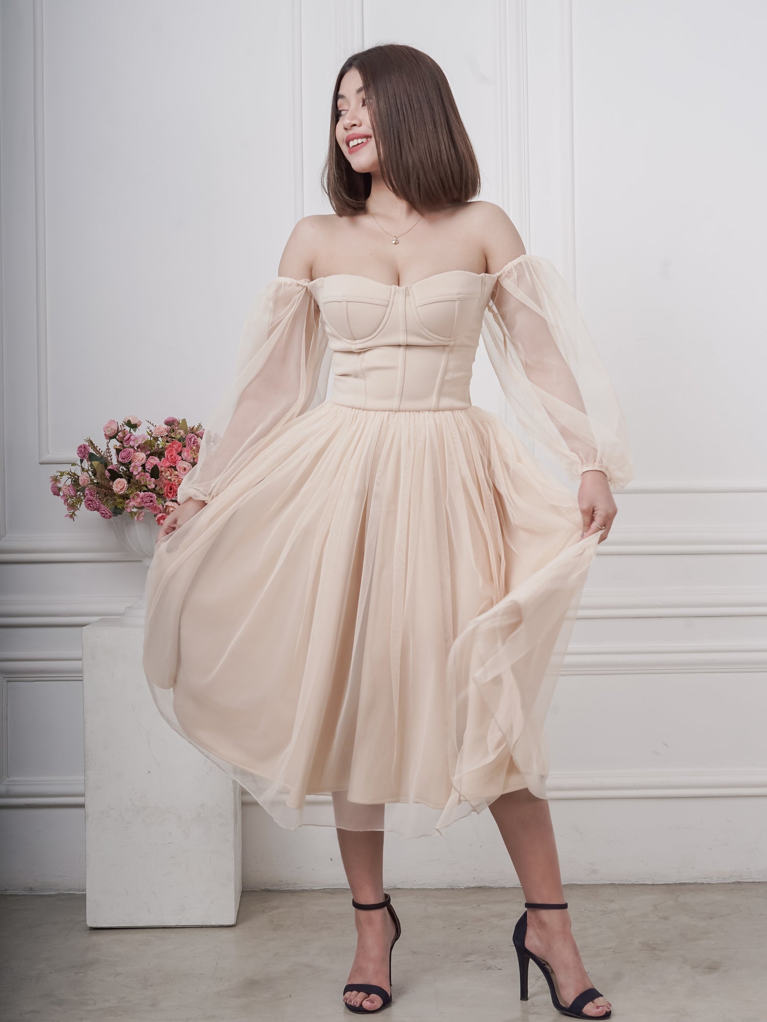 Bustier Tea-Length Dress in Nude