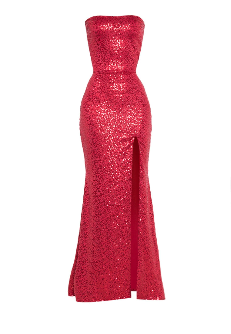 Bandeau Tail Long Dress in Red Sequined