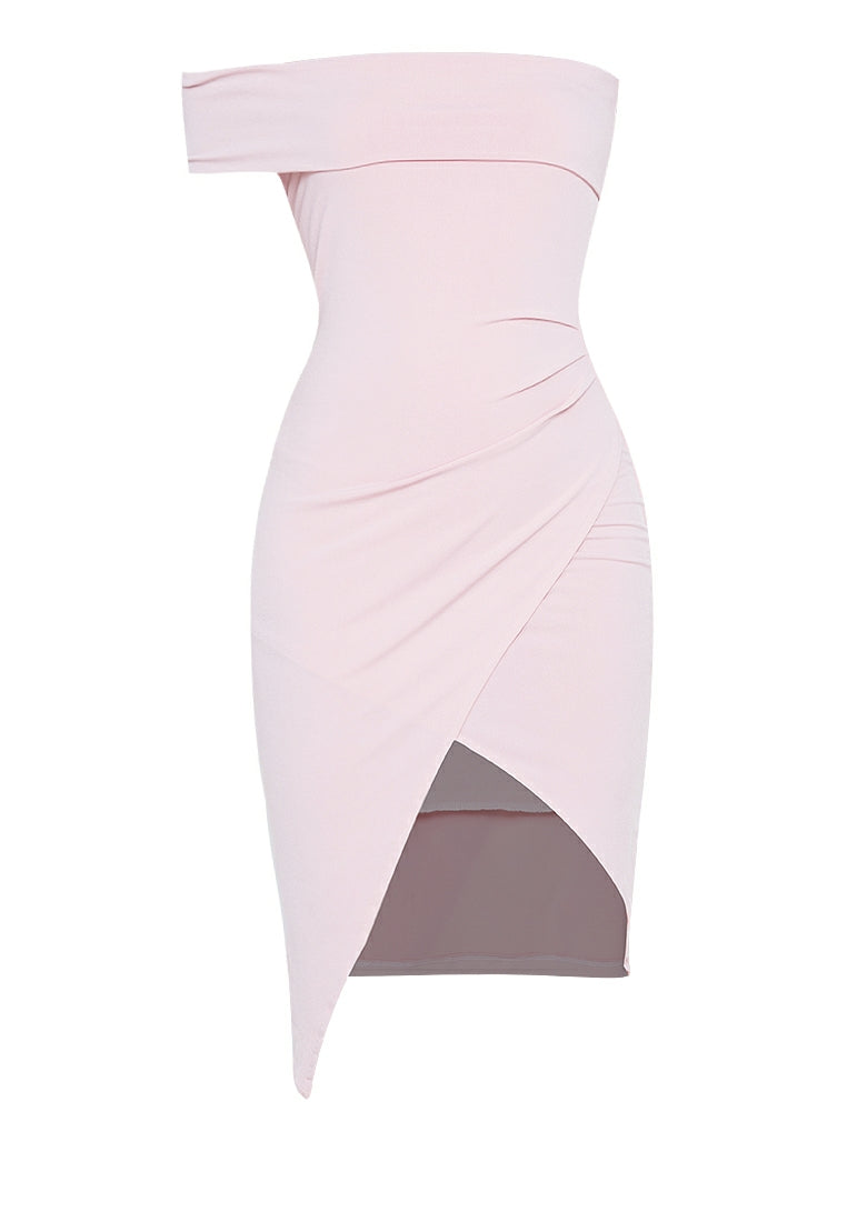 One-shoulder Wrap Bodycon Dress in Dusty Pink