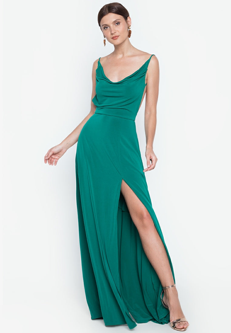 Cowl Neck Backless Maxi Dress in Emerald Green