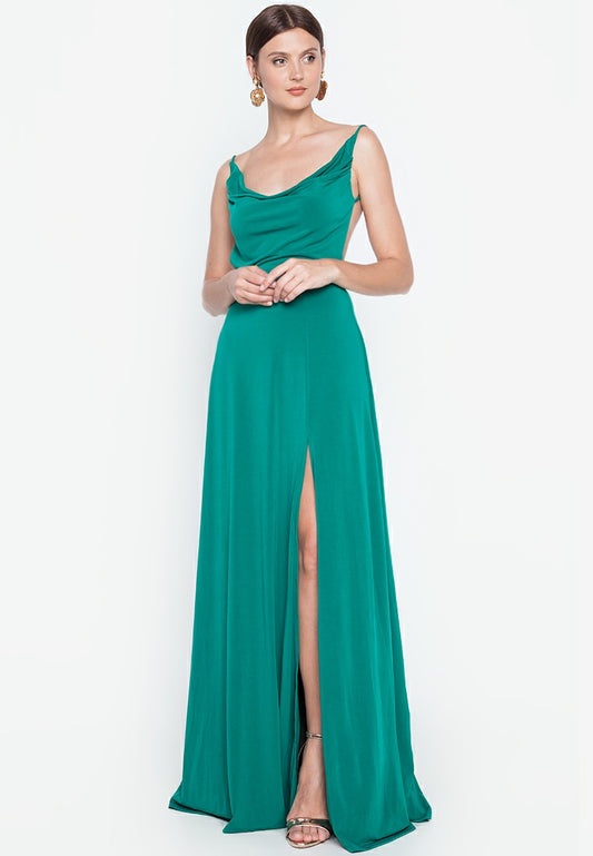 Cowl Neck Backless Maxi Dress in Emerald Green