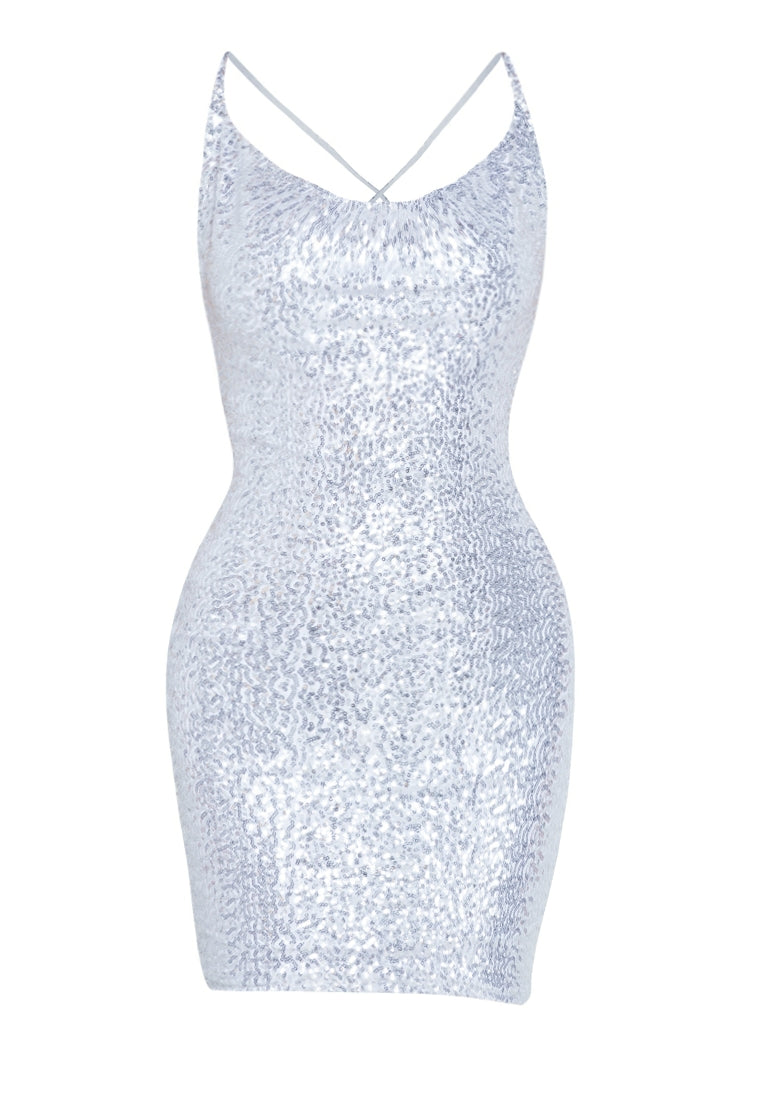 Cowl Neck Sequined Mini Dress in Silver
