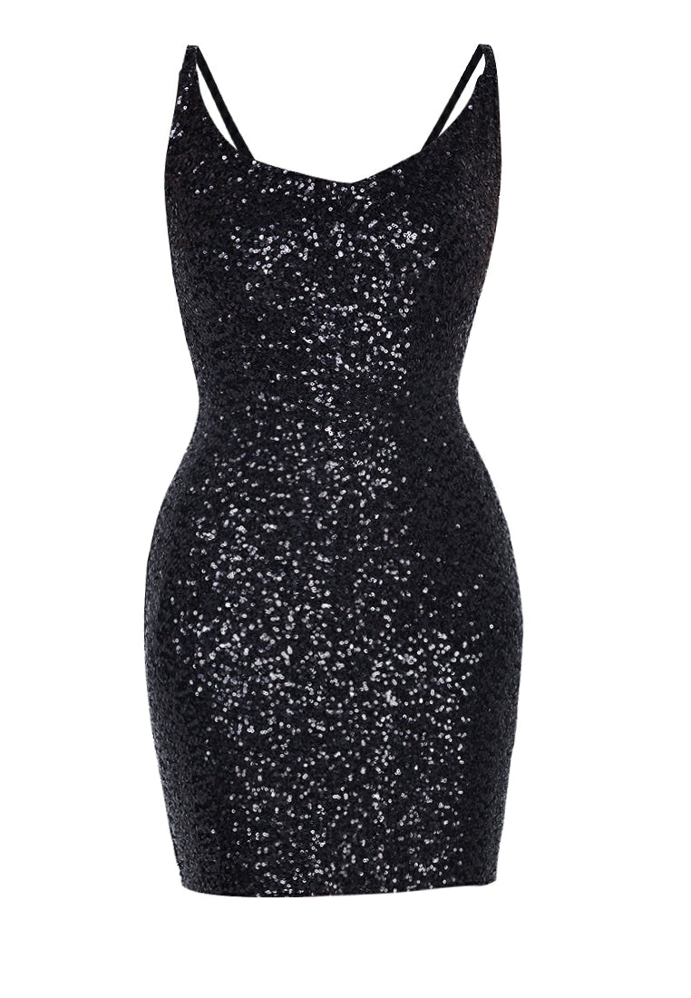 Cowl Neck Sequined Mini Dress in Black