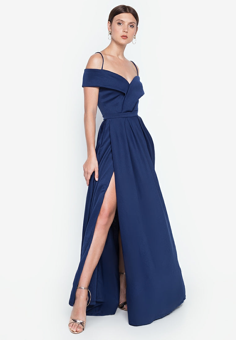 Off-the-Shoulder High-Slit Gown in Navy Blue