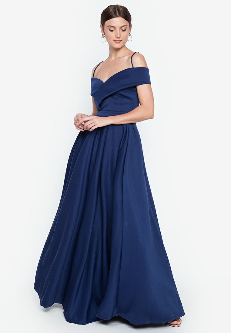 Off-the-Shoulder High-Slit Gown in Navy Blue
